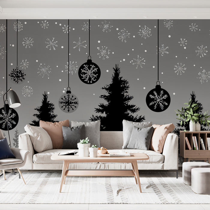 Silhouette Forest and Snowflake Ornament Mural Wallpaper | Black and White Graphic, Gradient Gray, Modern Winter