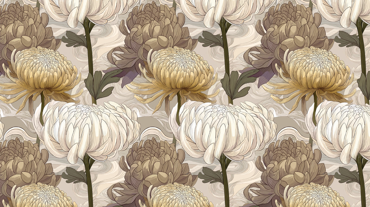 Floral wallpaper pattern with ochre chrysanthemum blooms and fine line art over a pale gray wavy background