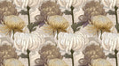 Floral wallpaper pattern with ochre chrysanthemum blooms and fine line art over a pale gray wavy background