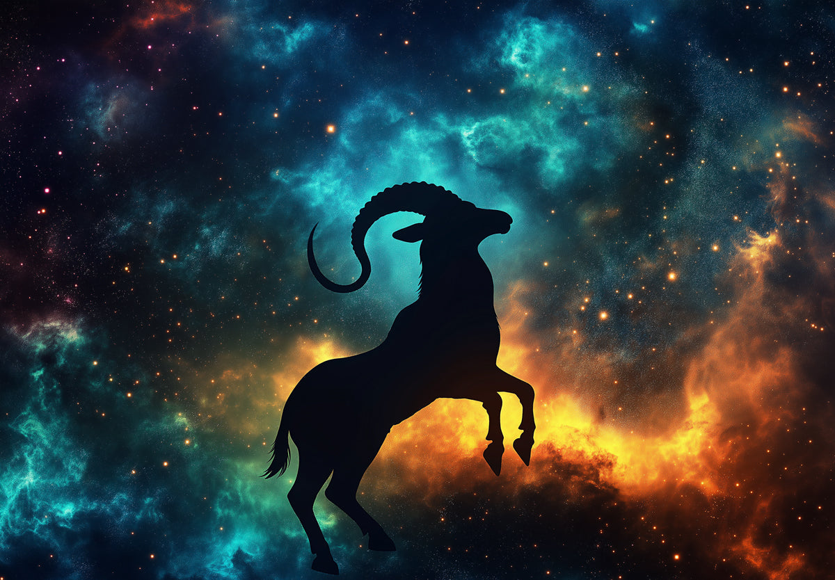 Capricorn - Galactic Goat Mural Wallpaper | Multicolored Cosmic Background, Silhouette