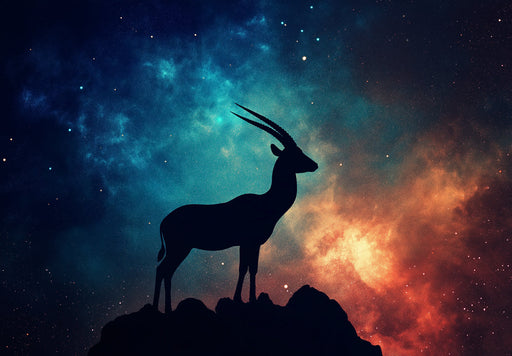 Capricorn - Celestial Antelope Mural Wallpaper | Cosmic Blues and Oranges, Black Silhouette