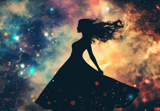 Virgo - Galactic Maiden Mural Wallpaper | Multicolored Galaxy, Black Silhouette