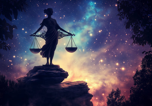 Libra - Stellar Scales Mural Wallpaper | Nebula - like Background, Black Silhouette
