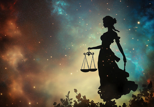Libra - Stellar Scales Mural Wallpaper | Nebula - like Background, Black Silhouette