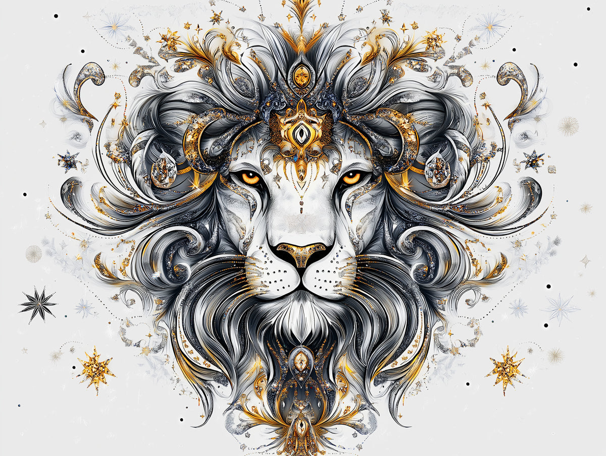 Leo - Regal Lion Mural Wallpaper | Gold, Gray, and Ornate Patterns