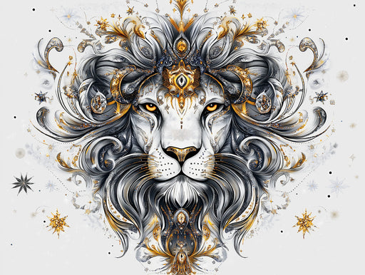 Leo - Regal Lion Mural Wallpaper | Gold, Gray, and Ornate Patterns