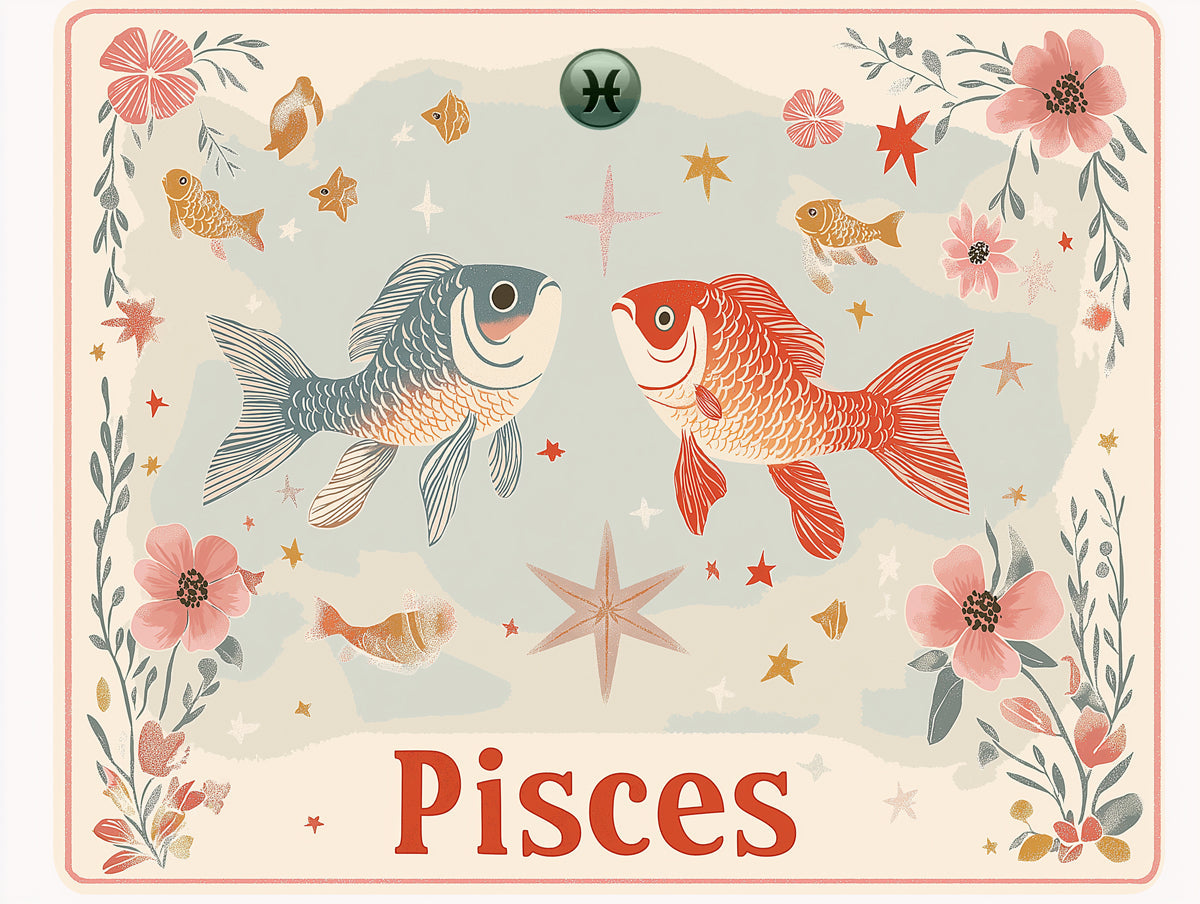 Pisces - Celestial Fish Mural Wallpaper | Dark Blue, Orange, and Cosmic Motifs