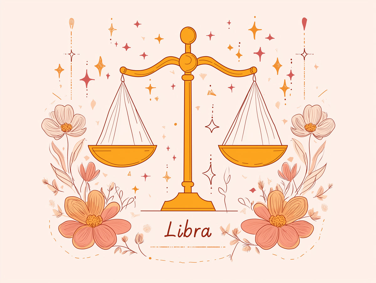 Libra - Pastel Scales Mural Wallpaper | Soft Pink, Orange, and Floral Elements