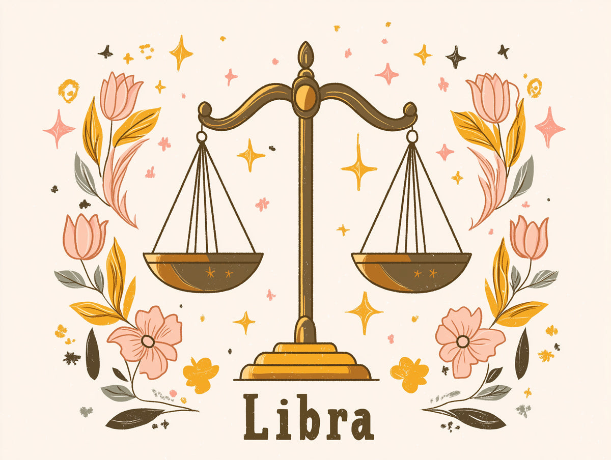 Libra - Pastel Scales Mural Wallpaper | Soft Pink, Orange, and Floral Elements
