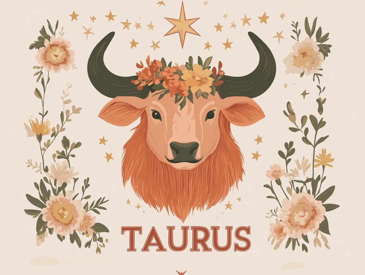  Taurus - Bull Mural Wallpaper with Floral and Starry Elements