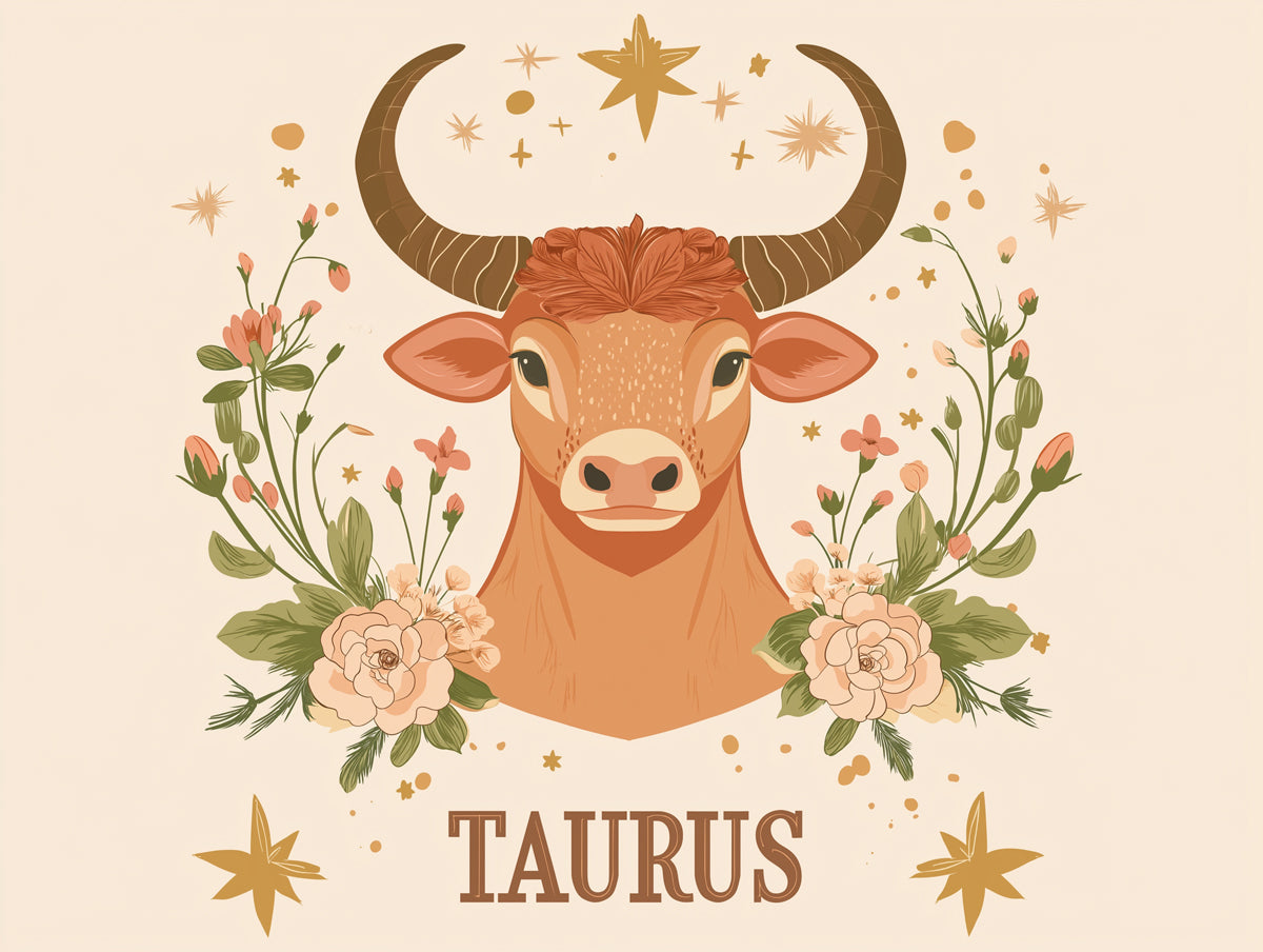  Taurus - Bull Mural Wallpaper with Floral and Starry Elements