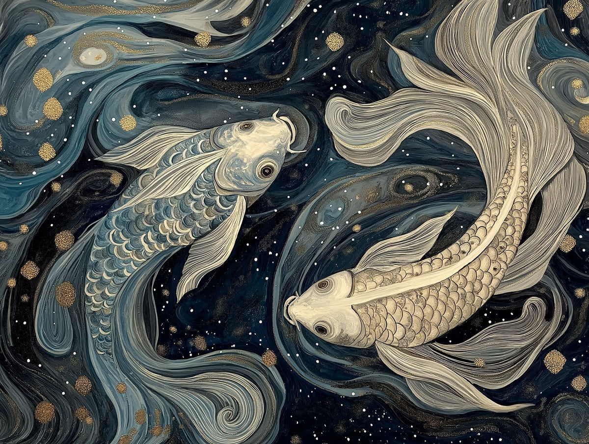 Pisces - Koi Fish Symbol Mural Wallpaper | Blue - Green, Gold Stars
