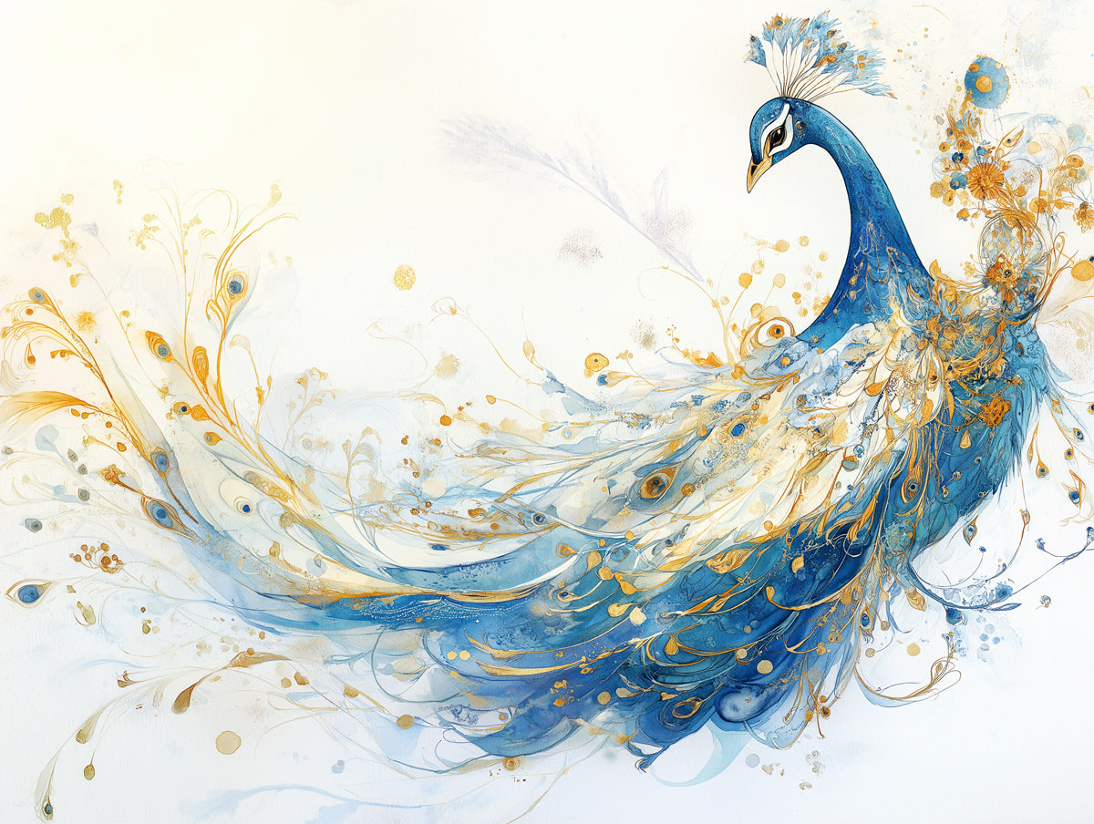 Graceful Peacock Mural Wallpaper | Blue - Gold, Flowing Feathers