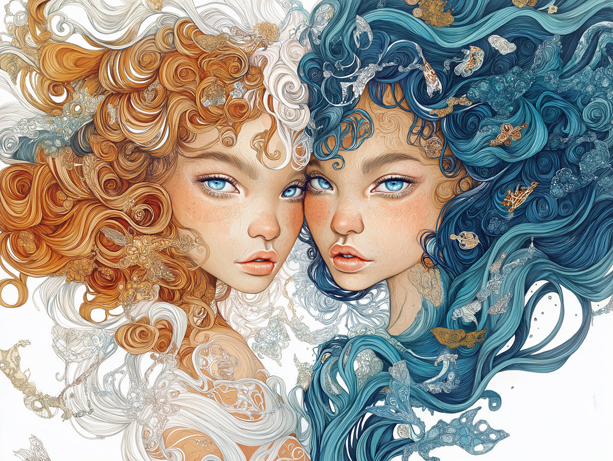 Gemini - Dual - Figure Mural Wallpaper | Pastel Hues, Celestial Motifs