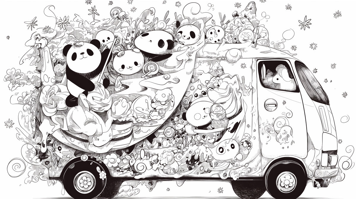 Black and White Panda Ice Cream Van Mural Wallpaper | Black White and Gray Panda