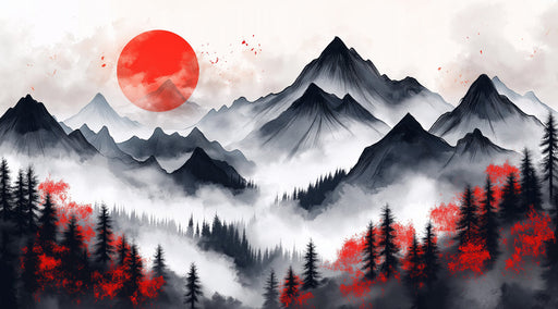 Red - Sun and Pine Forest Mural Wallpaper