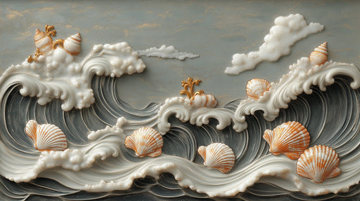 Ocean Wave and Shell Elegance Mural Wallpaper