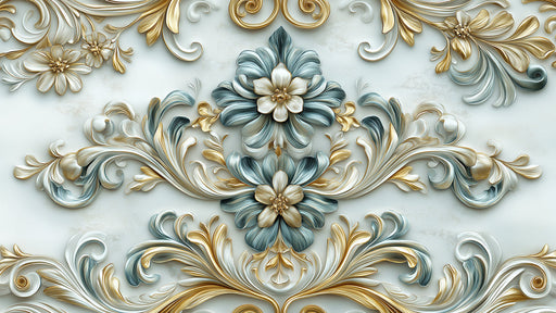 Blue and Gold Floral Mural Wallpaper | Light Blue, Gold and Gray with Bedroom Set