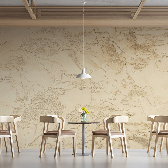 Vintage Geographical Map Mural Wallpaper | Beige and Brown in Seating Area