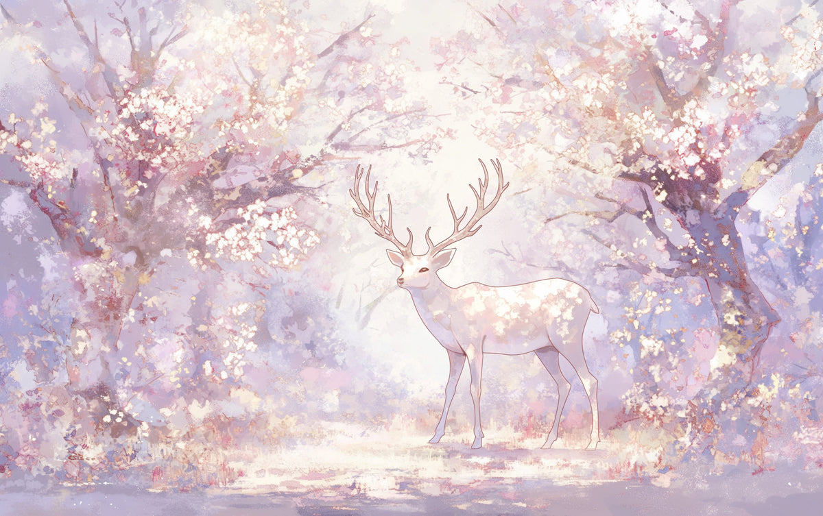 Papier peint mural Cerf rose et violet dans la forêt | Cerf rose, violet, blanc et marron clair -1