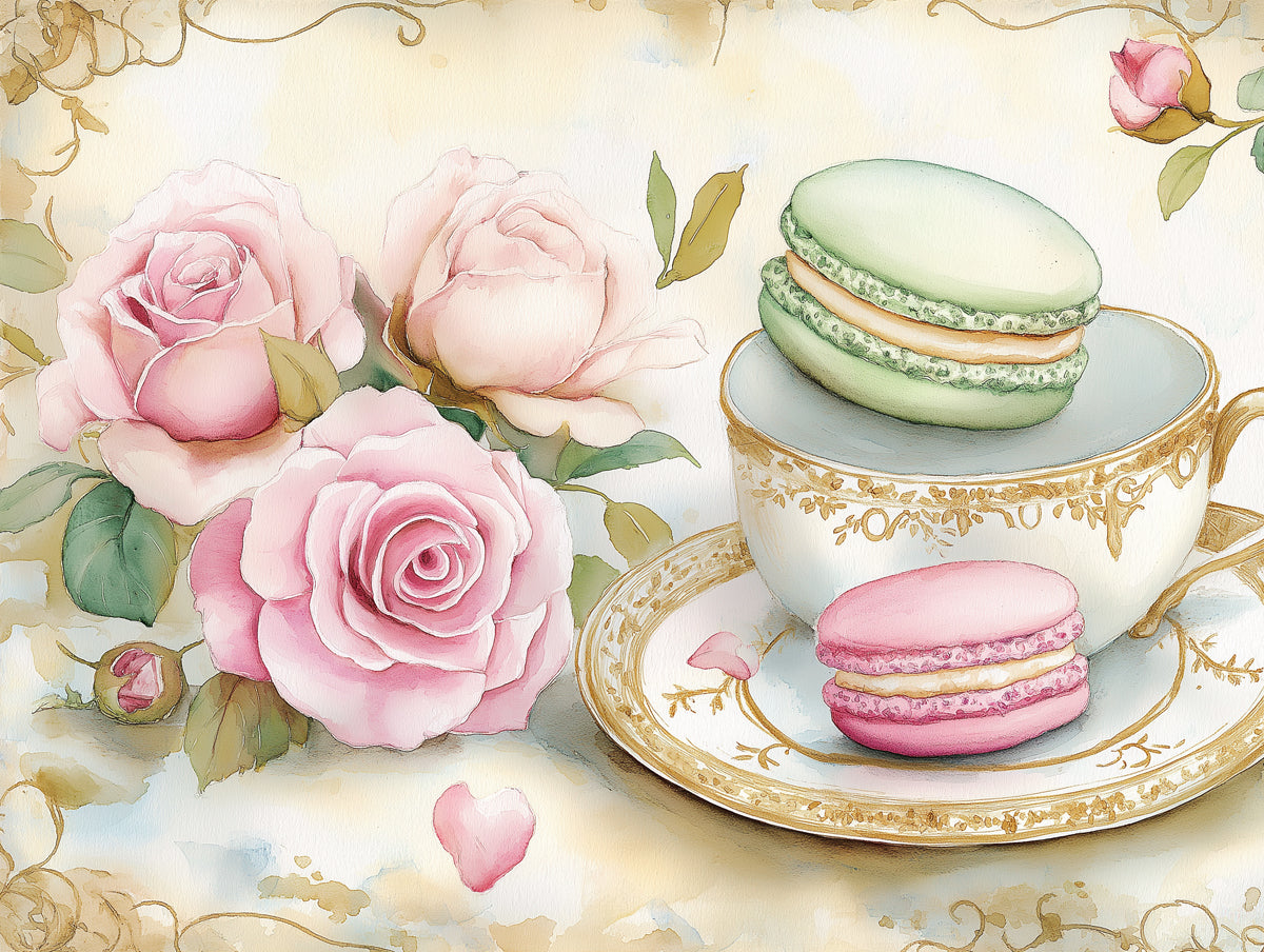 Macarons and Roses Mural Wallpaper | Pastel Tones in Dining Area