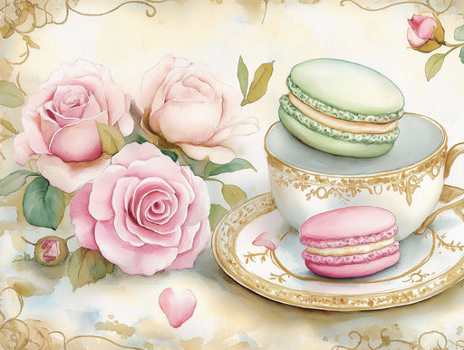Macarons and Roses Mural Wallpaper | Pastel Tones in Dining Area