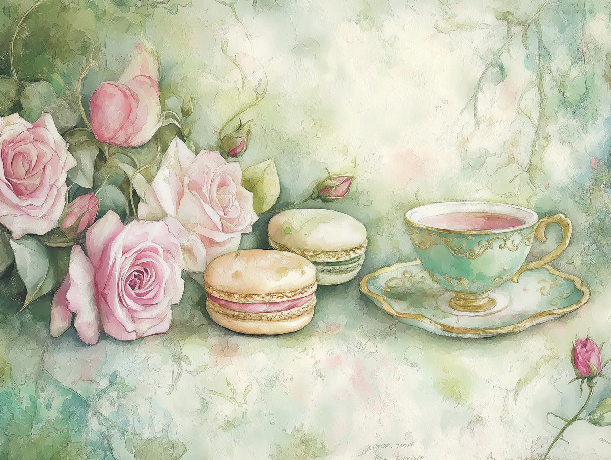 Macarons and Roses Mural Wallpaper | Pastel Tones in Dining Area