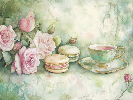 Macarons and Roses Mural Wallpaper | Pastel Tones in Dining Area