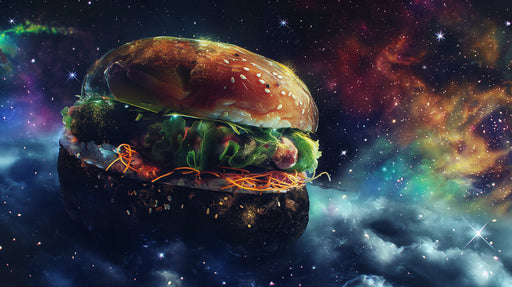 Space Burger Mural Wallpaper | Cosmic and Earthy Tones in Dining Area