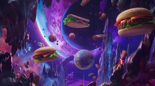 Interstellar Burgers Mural Wallpaper | Mysterious and Vivid Tones in Dining Area