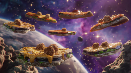 Space Sandwiches Mural Wallpaper | Cosmic and Earthy Tones in Seating Area