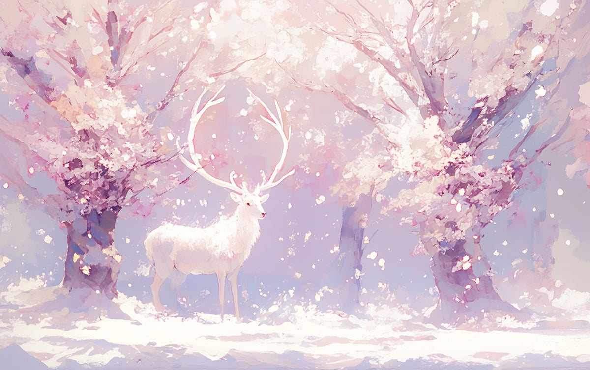 Papier peint mural Cerf rose et violet dans la forêt | Cerf rose, violet, blanc et marron clair -2