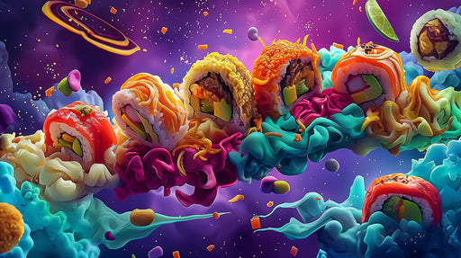Sushi Galaxy Mural Wallpaper | Vivid and Bold Tones in Dining Area