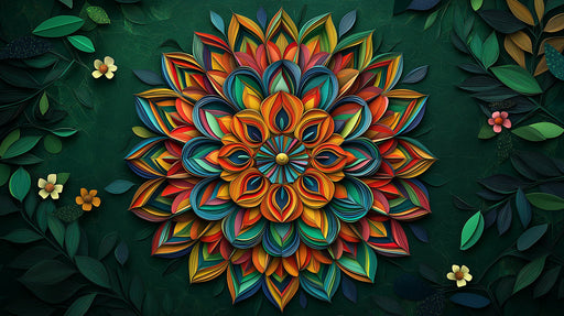 Tropical Mandala Mural Wallpaper | Multicolored on Green Background in Bedroom