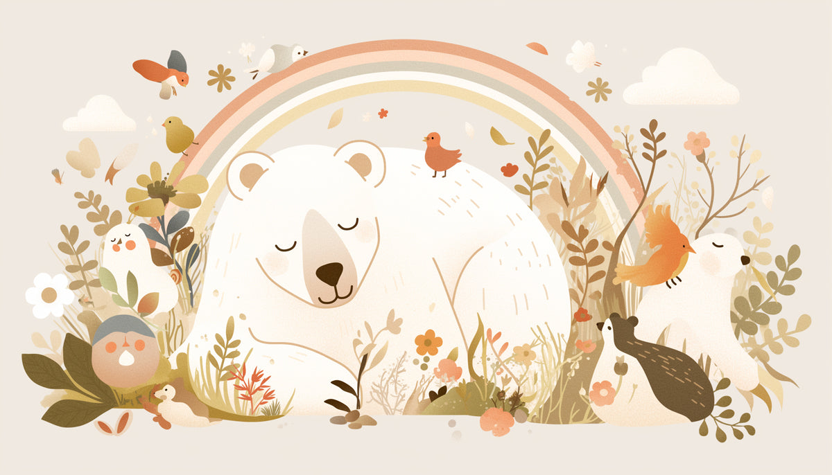 Tappeto murale arcobaleno e orso dormiente per una stanza da gioco | Orso beige arancione giallo verde e marrone con arcobaleno