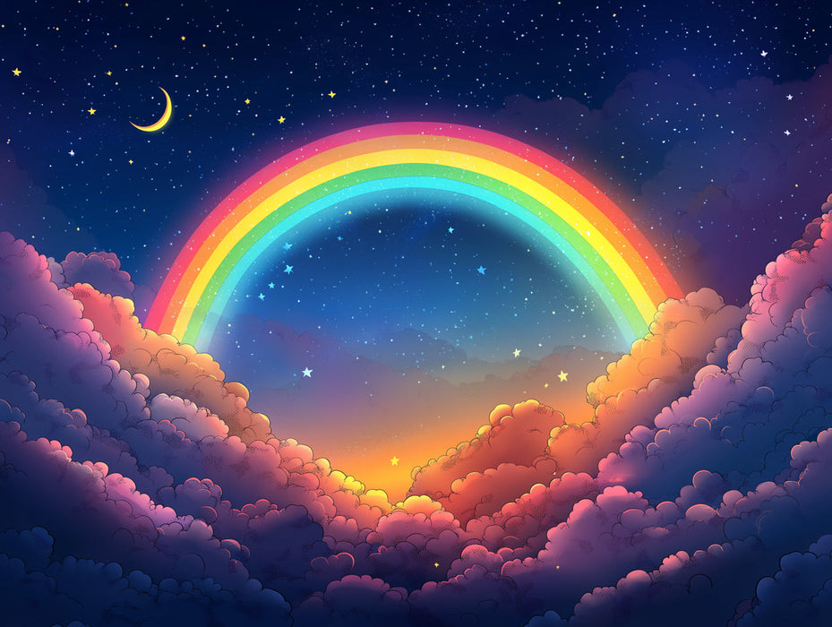 Carta da parati murale del cielo notturno con arcobaleno | Arcobaleno blu viola rosa giallo e arancione notturno 