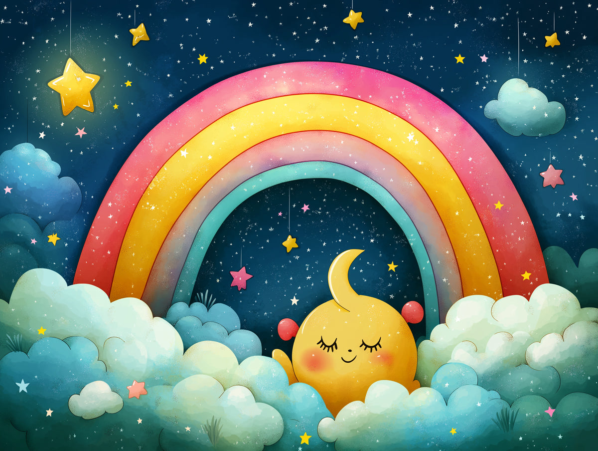 Carta da parati murale arcobaleno e stelle | Arcobaleno rosa blu giallo verde e bianco con stelle 