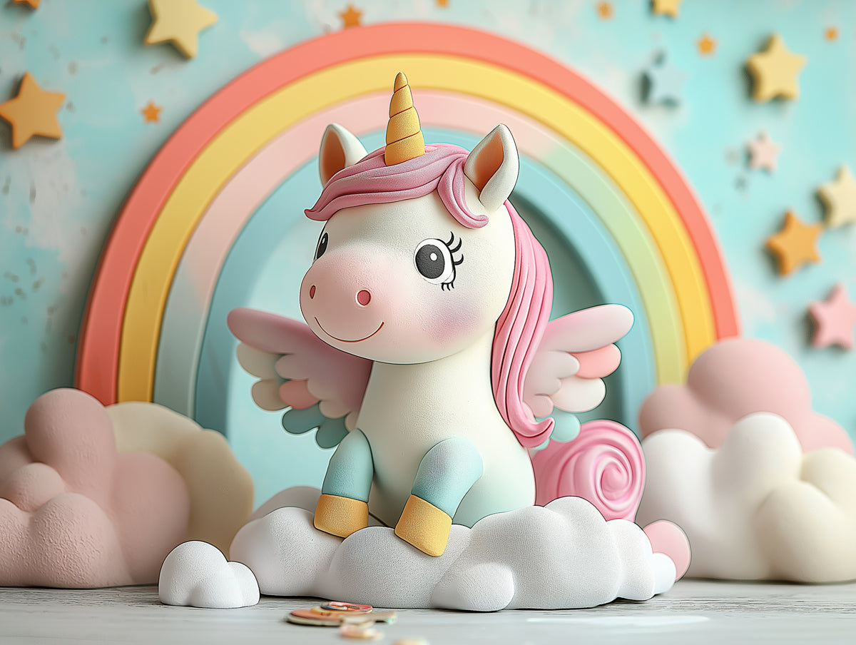 Carta da parati murale con unicorno e arcobaleno | Unicorno rosa, viola, giallo, blu e bianco -1 