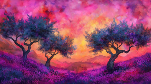 Vibrant Sunset Tree Mural Wallpaper | Artistic Dramatic Decoration