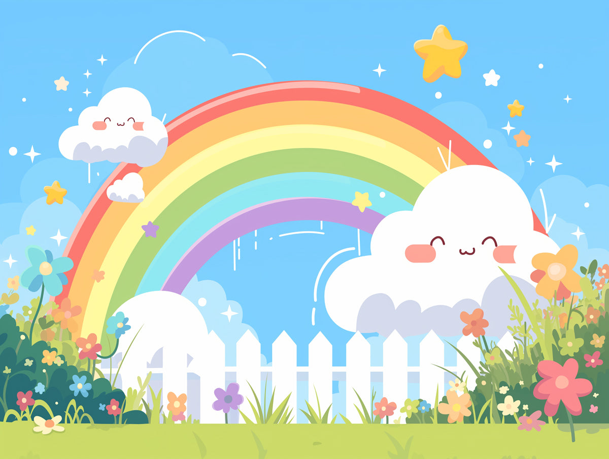 Rainbow and Clouds with Fence Mural Wallpaper | Pink, Green, Blue, Yellow and White Rainbow -1