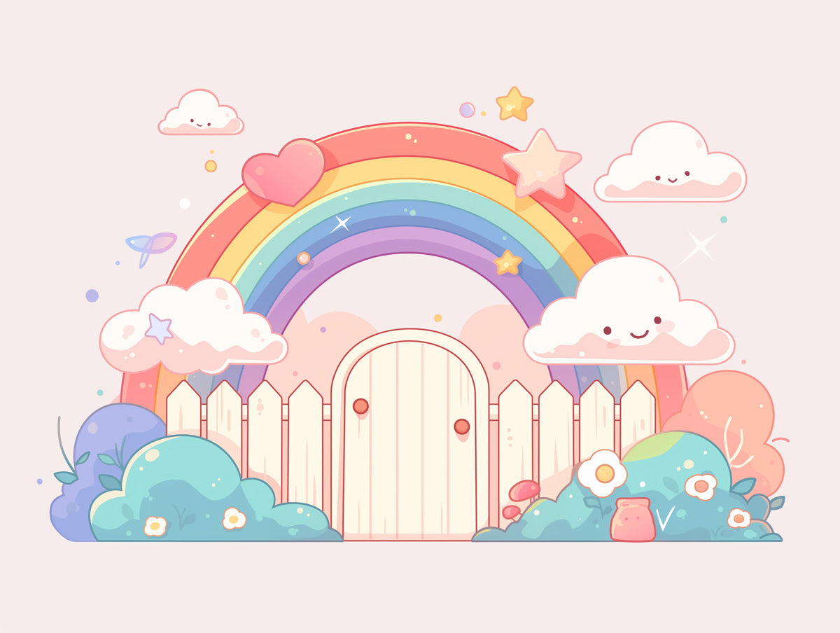 Rainbow and Clouds with Fence Mural Wallpaper | Pink, Green, Blue, Yellow and White Rainbow -2