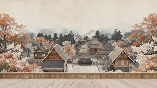 Traditional Asian Village Mural Wallpaper | Serene Cultural Decoration