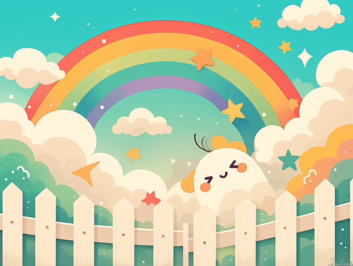 Rainbow and Clouds with Fence Mural Wallpaper | Pink, Green, Blue, Yellow and White Rainbow -3