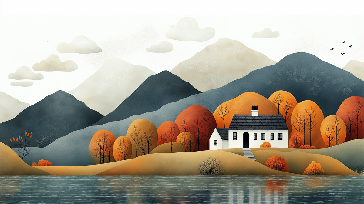 Cottage Autumn Landscape Mural Wallpaper | Rustic Cozy Decoration