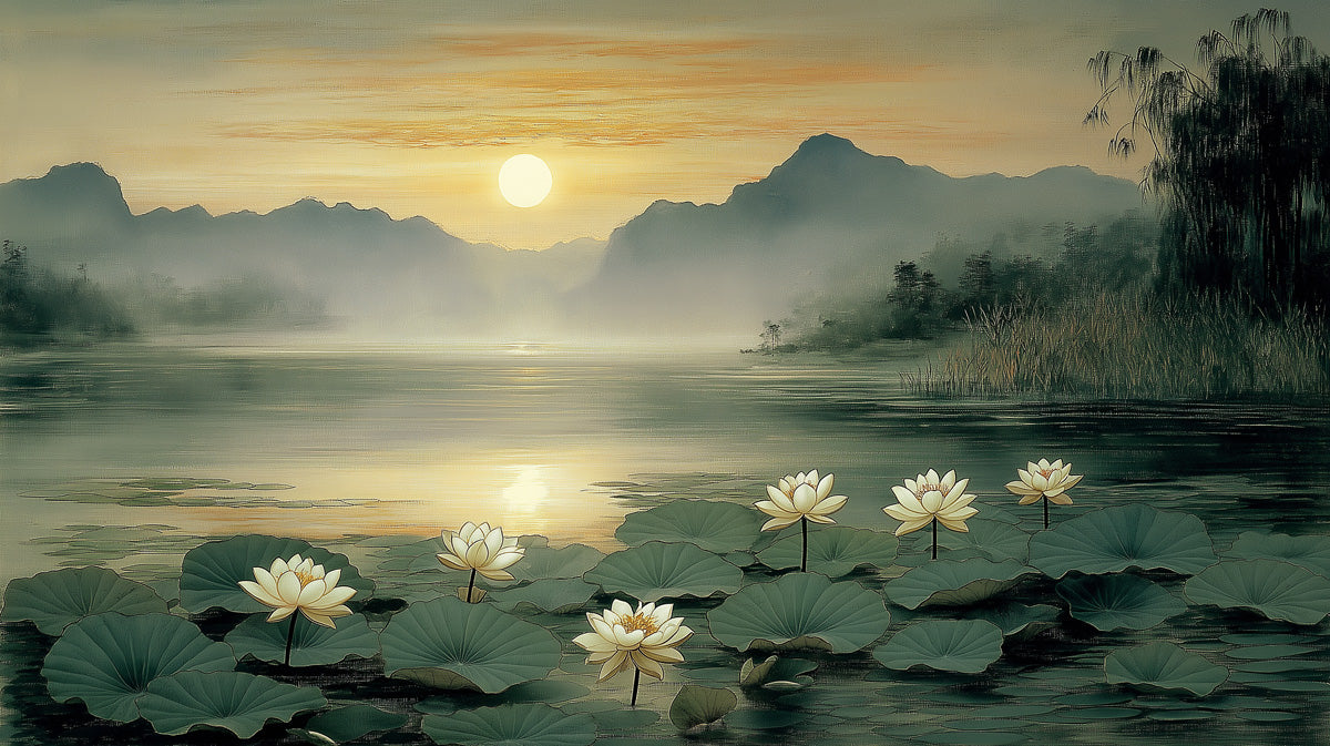 Lake Sunset Lotus Mural Wallpaper | Tranquil Elegant Decoration