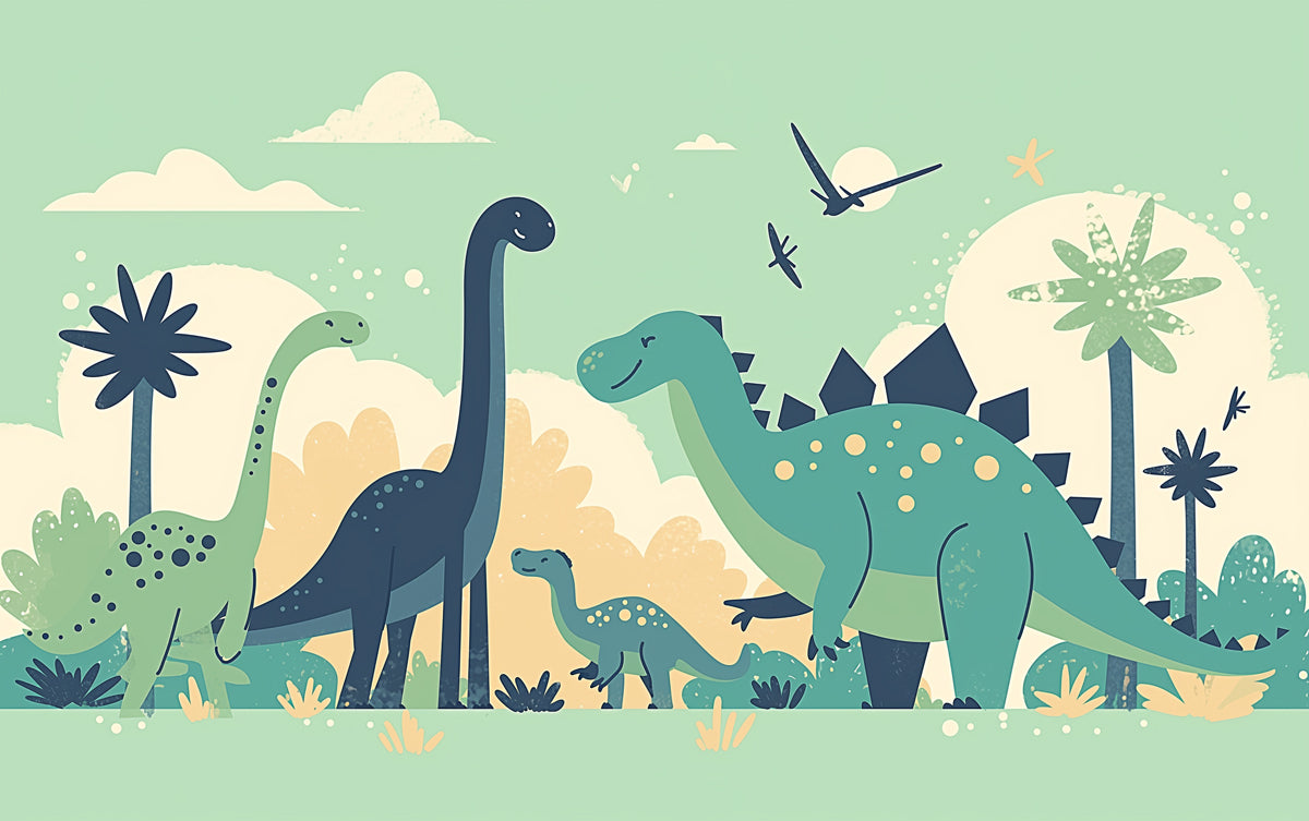 Carta da parati murale paesaggio di dinosauro | Giallo, verde, blu e marrone dinosauro -3 
