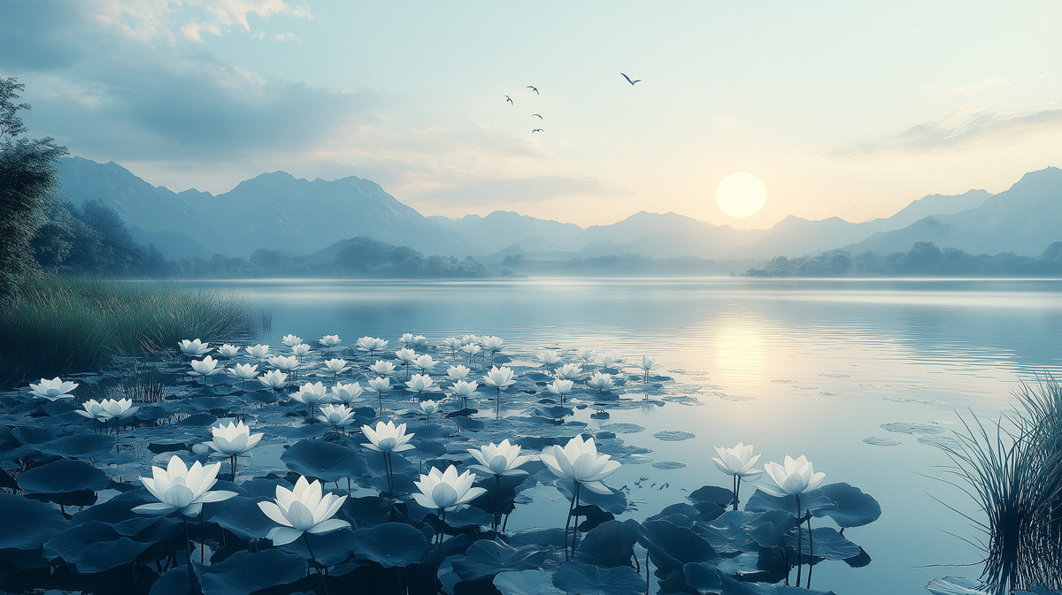 Lake Lotus Mountain Mural Wallpaper | Serene Natural Decoration