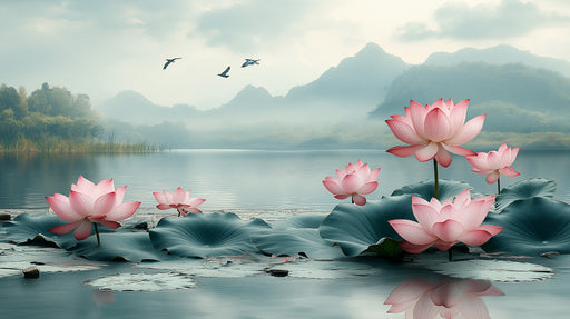 Lotus Lake Birds Mural Wallpaper | Peaceful Scenic Decoration