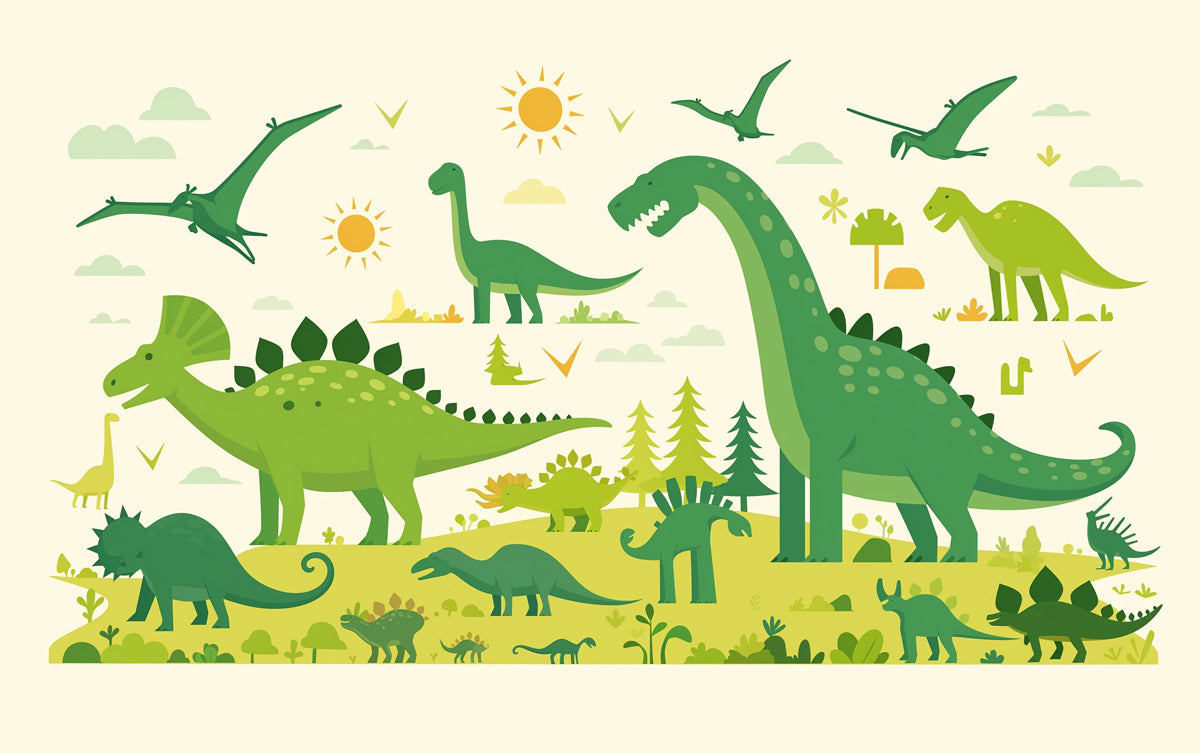 Carta da parati murale paesaggio di dinosauro | Giallo, verde, blu e marrone dinosauro -3 