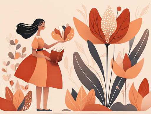 Girl with Book and Floral Elements Mural Wallpaper | Whimsical Artistic Decoration